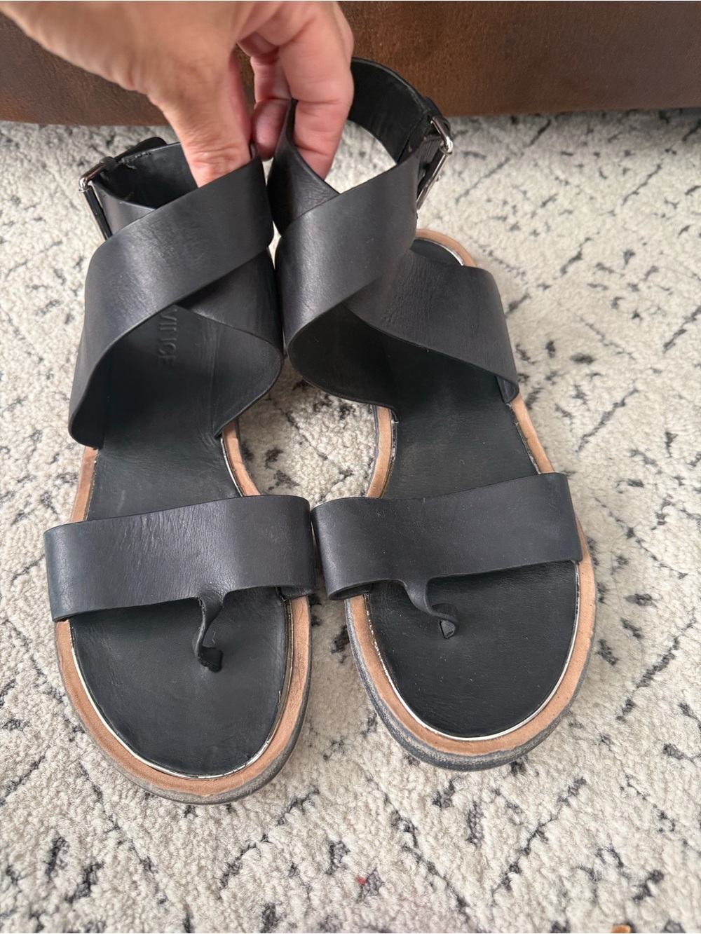 Vince Black Leather Crisscross Ankle Strap Sandals